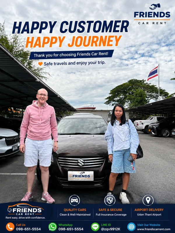 Friends Car Rent staff greeting a customer for airport pickup at Udon Thani Airport