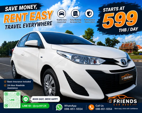 Toyota Yaris economy car rental price at Udon Thani Airport, from 599 THB per day